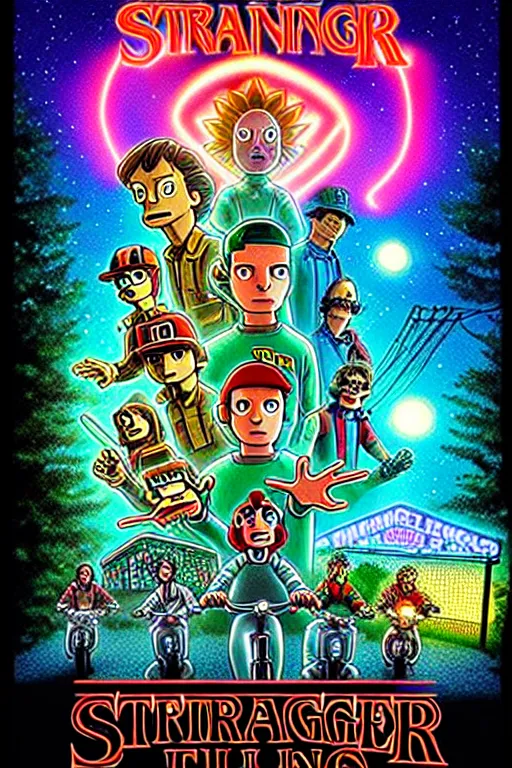 Image similar to Futurama Cast in Stranger Things poster by Matt Groening, high resolution, hyper detailed, intricate, illustrated, all cast members !n-9