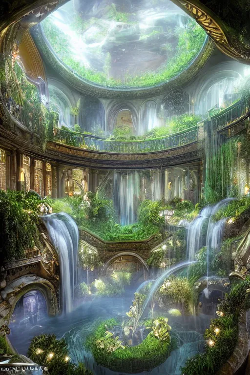 Prompt: interiors of a godly palace constructed of mirrors and spiraling staircases at night, life-size terrarium, flowing water, waterfalls, plants, glowing light, symmetrical, sacred geometry, heavenly, enchanted environment, fog, mist, low light, evil, dark, environment concept, cgsociety, environment 8K artstation, cinematic lighting, intricate details, 4k detail post processing, hyperealistic, unreal engine 5 render, photo realism