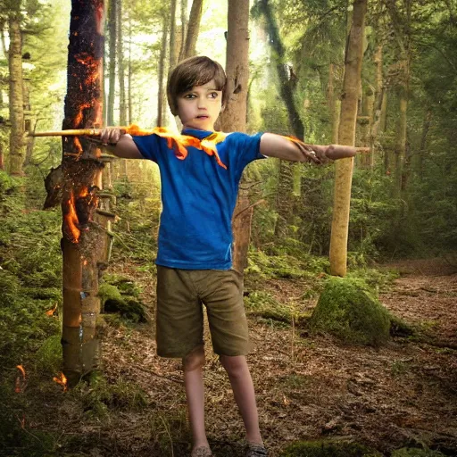 Image similar to A Boy with Fire power in the forest