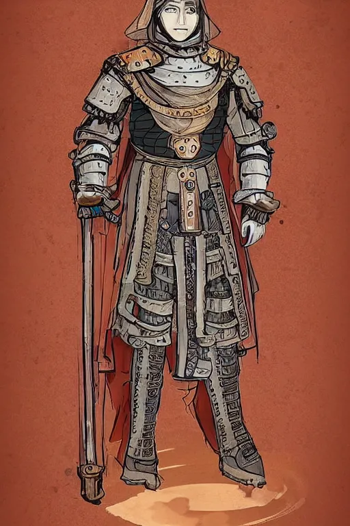 Prompt: beautiful calm bright ai generated fullbody character illustration of a medieval timetraveller highpriest in ornated wooden armor and decorated sacred outfit and heavily equipped with steampunk cyberwares. rendered by machine.delusions. inspired by: @machine.delusions on instagram. Slightly reminds to ghibli studios