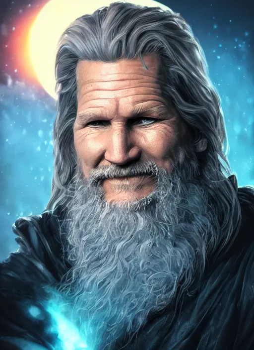 Image similar to A fantasy comic book style portrait painting of Jeff Bridges as a wizard in atmospheric dark castle setting, unreal 5, DAZ, hyperrealistic, octane render, RPG portrait, dynamic lighting