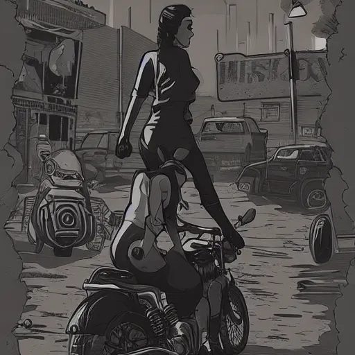 Image similar to a comic noir illustration of a hot tattood women riding a motorcycle through a post-apocalyptic desert by Queens of the Stone Age and sachin teng, dark vibes, street art, cinematic, high contrast, depth of field