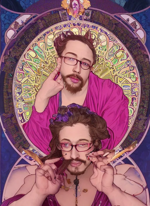 Image similar to Sam Hyde as magical prince, sigma and gigachad, big red eyes, peaceful expression, fantasy, intricate pink and gold ornate suit, modeling for Dulce and Gabanna, accurately portrayed, portrait art by James Jean and Alphonse mucha, highly detailed, digital painting, concept art, illustration, multiversal paradise shining rgb luxurious lights, trending on artstation, very detailed, smooth, sharp focus, octane render, close up