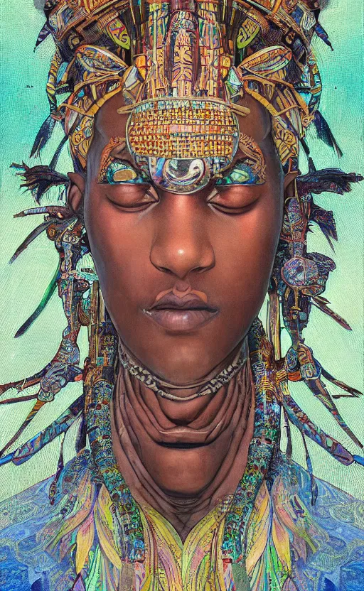 Image similar to upper half portrait of retro futuristic african tribal chief - embellished with vegetation and iridescent crystals, art by stanley artgem lau, design blocking by alphonso mucha, colouring by zdzisaw beksinski, highly detailed, digital painting, airbrush, concept art, illustration, smooth sharp focus, intricate, symmetry, artstation, colourful,