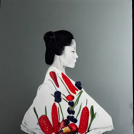 Image similar to “art in an Australian artist’s apartment, portrait of a woman wearing stained white cotton cloth, stained by fresh raspberries and strawberries and blueberries, white wax, edible flowers, Japanese pottery, Australian native white and red flowers ikebana, black walls, acrylic and spray paint and oilstick on canvas”