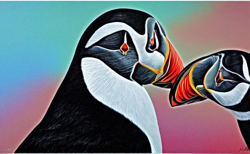 Prompt: a Photorealistic dramatic puffin bird by Alex Grey