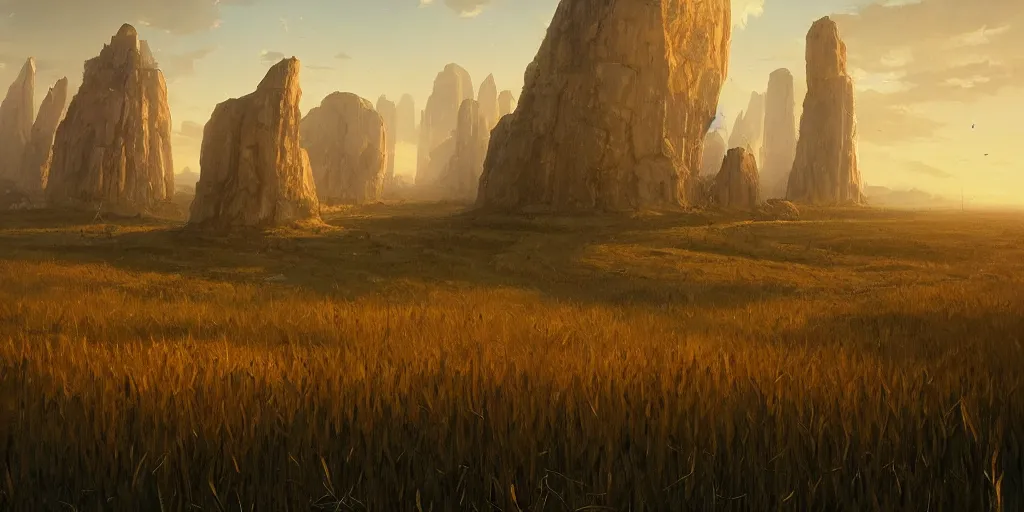 Image similar to wide shot of a monolith floating high above a cornfield, late afternoon, golden hour, highly detailed, smooth, sharp focus, concept art by greg rutkowski and jakub rebelka and ruan jia