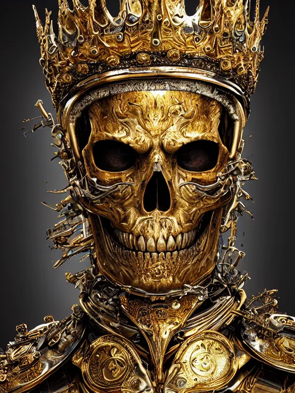 Prompt: portrait art of 8k ultra realistic skull,intricate gold crown, detailed intricate ornate armour,decaying, cybernetic, full of colour, cinematic lighting, battered, trending on artstation, 4k, hyperrealistic, focused, extreme details,unreal engine 5, cinematic, masterpiece, art by ayami kojima, giger