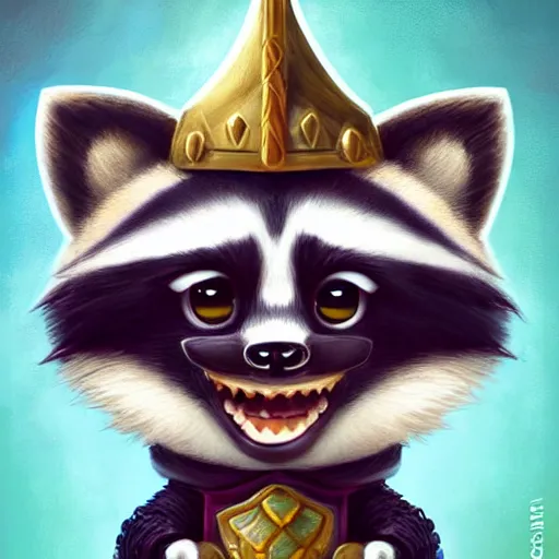 Prompt: a cute raccoon dressed as a knight, big smile, cute teeth, cute face, digital painting byRoss Tran and Mark Ryden, cute and lovely, high detail, nursery poster