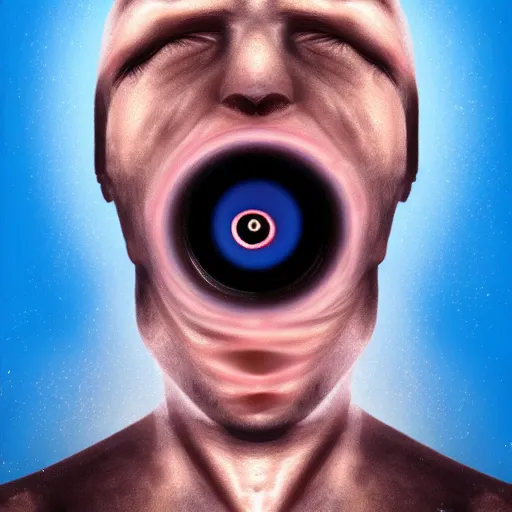 Image similar to man with exaggerated large spiral eyes and drooling mouth under media mind control trending on artstation, mixed media, 8 k ultra