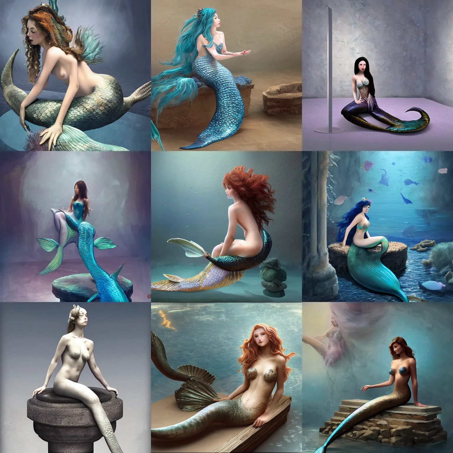 Prompt: mermaid as an exhibit in an art gallery, sitting on a pedestal, concept art, digital art, by xiaoguang sun