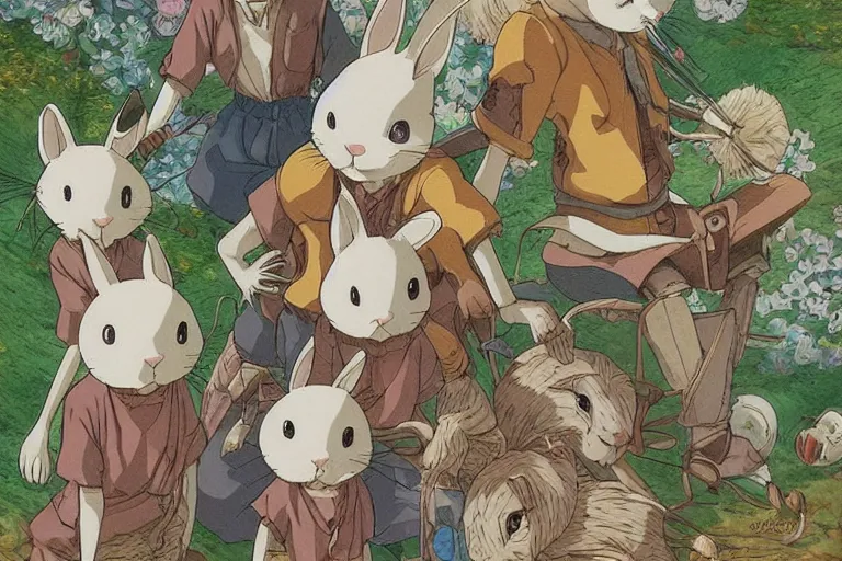 Image similar to beautiful art illustration of a group of rabbits by studio ghibli, anime, highly detailed