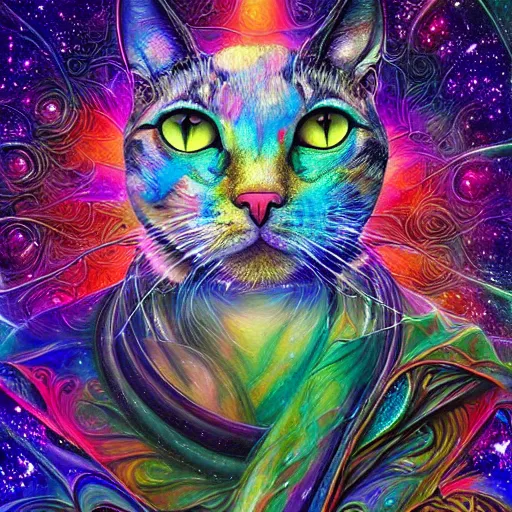 Image similar to a galaxy colored psychedelic chakra awakening kundalini ethereal portrait of a cat, eternal blessing, multiverse, by android jones, by ben ridgeway, visionary art, by artgerm, featured on artstation, cgsociety, by greg rutkowski