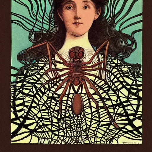 Prompt: a girl with a spider, colored woodcut, flat pastel colors, by Mackintosh, art noveau, by Ernst Haeckel, by Gustave Dorè