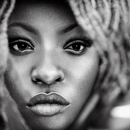 Image similar to portrait face of a curvy beautiful gorgeous black edgy model girl, bikini, big lips, she's mad, sunset, street of africa at night, 8 0 mm lens, 1. 2 aperture, grainy image, close up, cinematic light, 8 k, 4 k, very detailed, depressing atmosphere, cover magazine