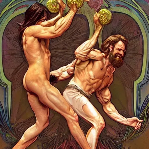 Image similar to slim and muscular angels wrestling with demons, hyper realistic, digital painting. art station. mood lighting, highly detailed, concept art, intricate, sharp focus, by shaun berke and alphonse mucha, milo manara - h 1 2 0 0