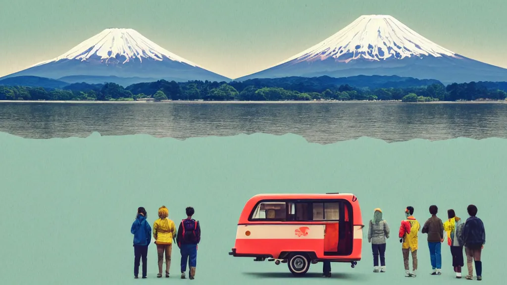 Image similar to a scene of camper travellers touring at yamanaka lake overlooking mount fuji, japan, a collage painting, in the style of wes anderson, lola dupre, david hockney, isolated on negative white space background dark monochrome neon spraypaint accents volumetric octane render