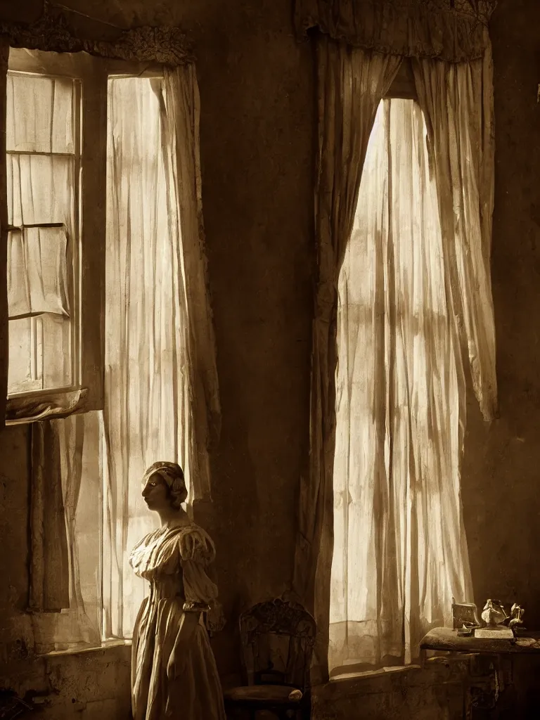 Prompt: old photography of a beautiful automaton girl in a victorian room, small windows, antiquities, ray of light, man ray, alfred ghisoland, gregory crewdson, 4 k,