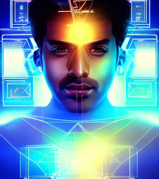 Image similar to symmetry!! indian prince of technology, solid cube of light, hard edges, product render retro - futuristic poster scifi, lasers and neon circuits, brown skin handsome indian prince, intricate, elegant, highly detailed, digital painting, artstation, concept art, smooth, sharp focus, illustration, dreamlike, art by artgerm