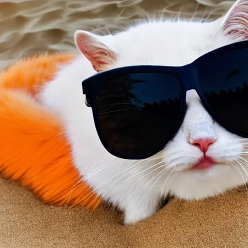 Prompt: This white cat with some orange coloured fur around the nose is so cool! It's wearing blue sunglasses and looking totally relaxed. 4K quality in the style of a 3D rendered Pixar movie with a vibrant summer day on the beach in the blurry background.