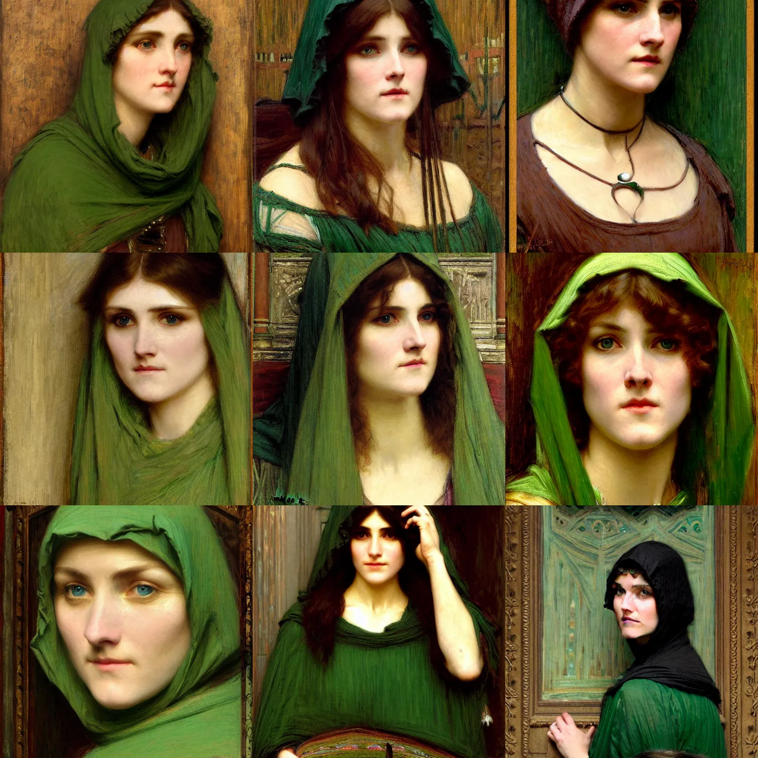 Image similar to woman with green eyes wearing a hood intricate portrait by john william waterhouse and Edwin Longsden Long and Theodore Ralli and gaston bussiere. Cinematic, hyper realism, dramatic lighting, high detail 8k