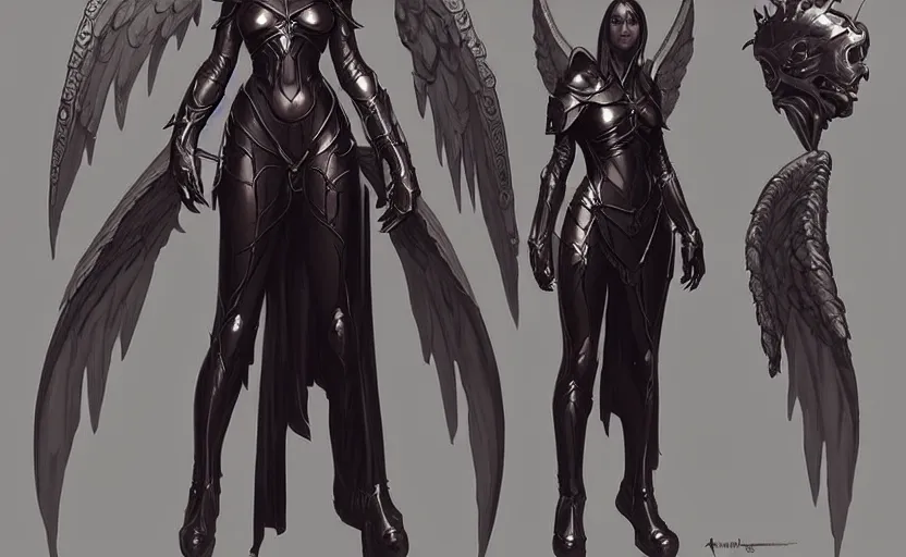 Image similar to Concept art character sheet of an Angel knight gothic girl, sci-fi, highly detailed, digital painting, artstation, concept art, smooth, sharp focus, illustration, art by artgerm and greg rutkowski and alphonse mucha
