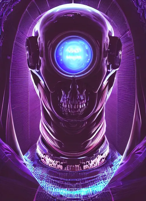 Image similar to a futuristic skull with glowing eyes and a wormhole tunnel, cyberpunk art by android jones, behance contest winner, computer art, darksynth, synthwave, rendered in cinema 4 d