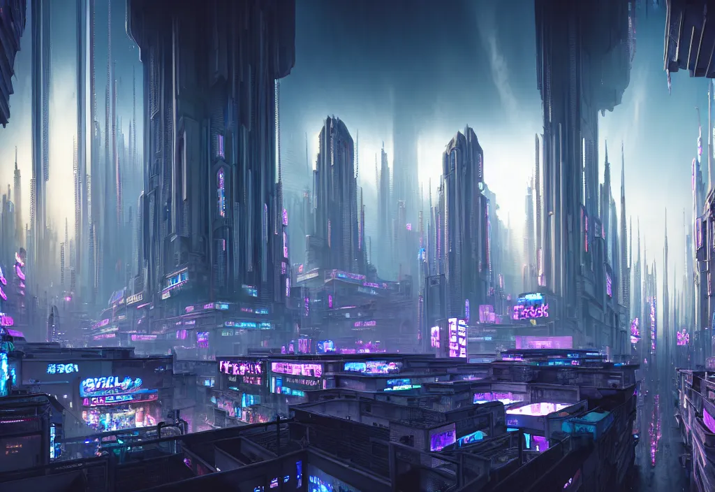 Image similar to stree view of a highly detailed crisp unreal engine render of a beautiful futuristic cyberpunk utopia city full of life where everything is white , building with neon like plants, stunning clowds on the sky, sunlight breaking through clouds, no signature, fliperama machines, earth in 3300, sci-fi, imagine, superb, colony, everything is perfect by wangchen-cg, 王琛,Neil blevins, artstation, Gediminas Pranckevicius