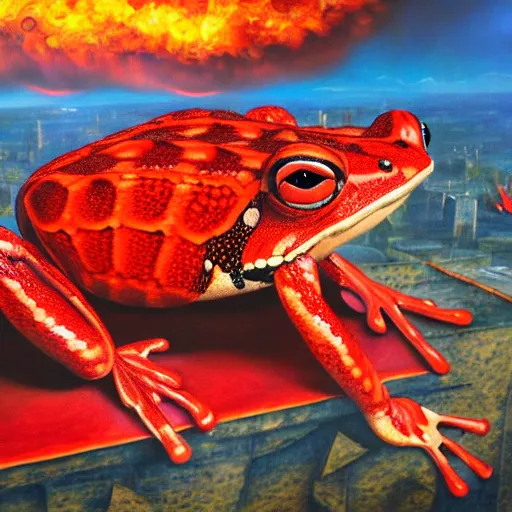 Image similar to giant red frog with giant dragonfly wings flying over a city in flames, photorealism, oil paint, renaissance, 8 k, high detail whide shot