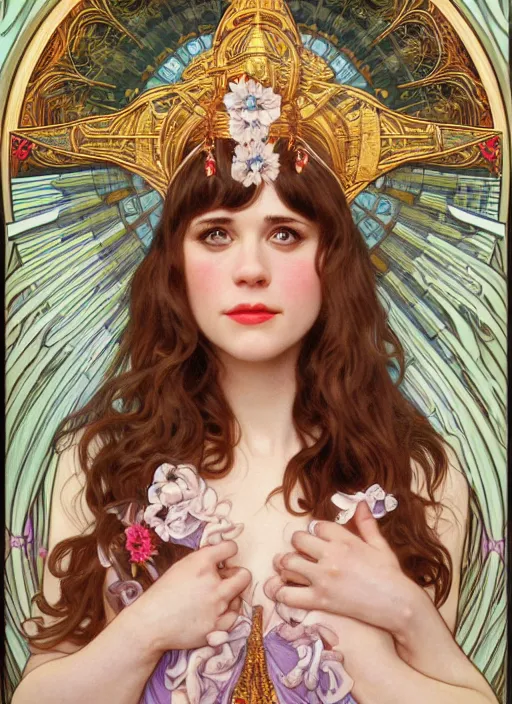 Image similar to Zooey Deschanel as God of Innocence, cute, fantasy, intricate, elegant, highly detailed, digital painting, 4k, HDR, concept art, smooth, sharp focus, illustration, art by alphonse mucha,artgerm, H R Giger