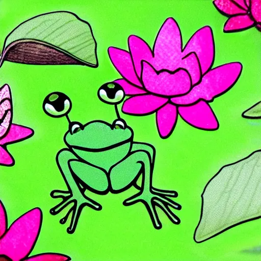 Prompt: !!! sticker!!! cute close - up of a frog in the water lilies, highly detailed, digital art, white outline,