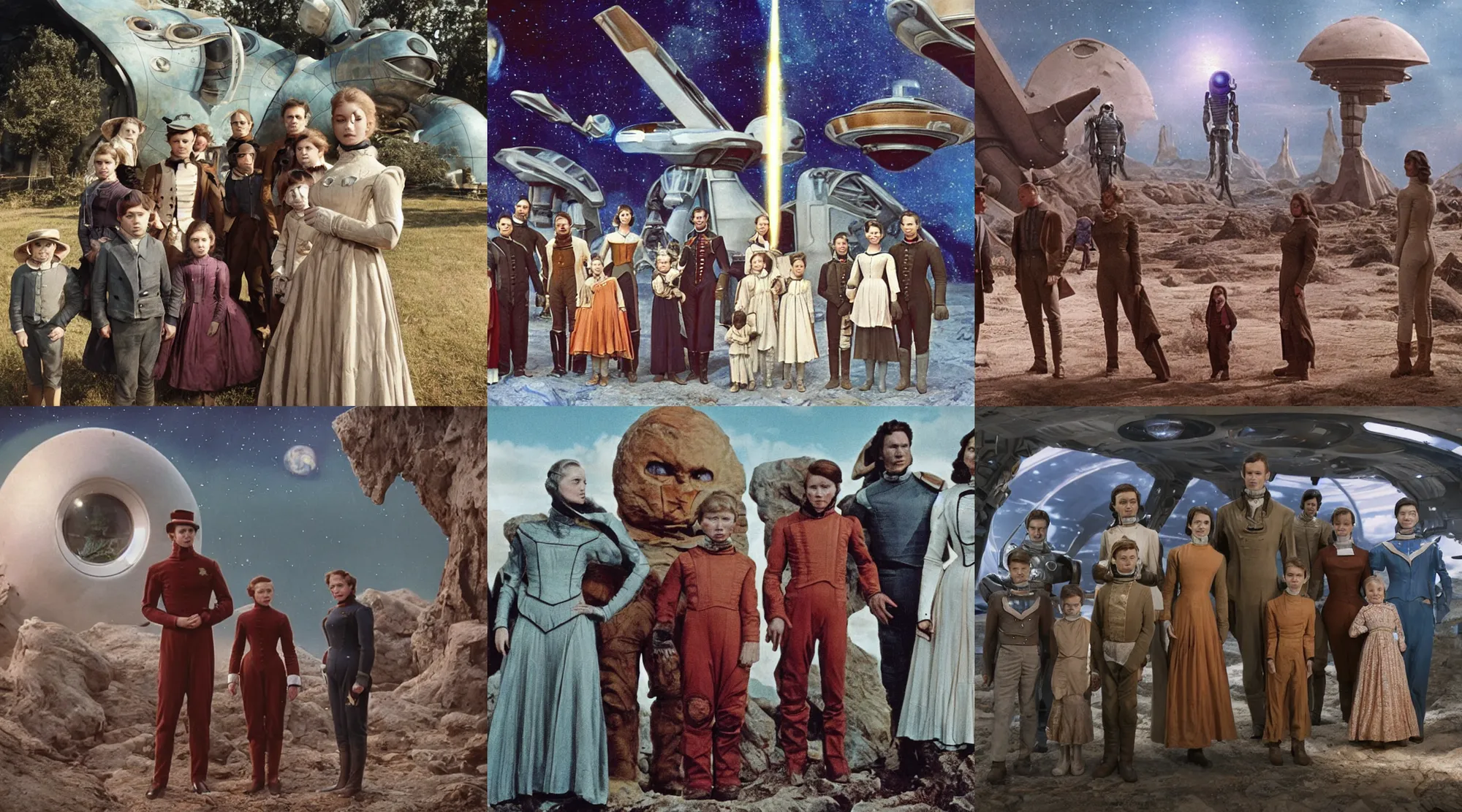 Prompt: 64k film still from a sci fi blockbuster color movie made in 2022, set in 1860, of a family standing in front of a spaceship that has just landed on an alien planet, a humanoid alien creature stands nearby, the family are all wearing 1850s era clothes, cinematic lighting, human faces, extremely good lighting, 35mm macro lens, winner of seven oscars