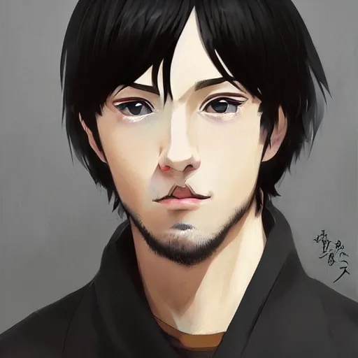 Prompt: Anime portrait of a man by Ilya Kuvshinov, he is about 30 years old, short black hair with bangs, his features are a mix between French, Turkish and Russian and he is wearing a beige and black utility jumpsuit, highly detailed portrait, digital painting, artstation, concept art, smooth, sharp foccus ilustration, Artstation HQ.