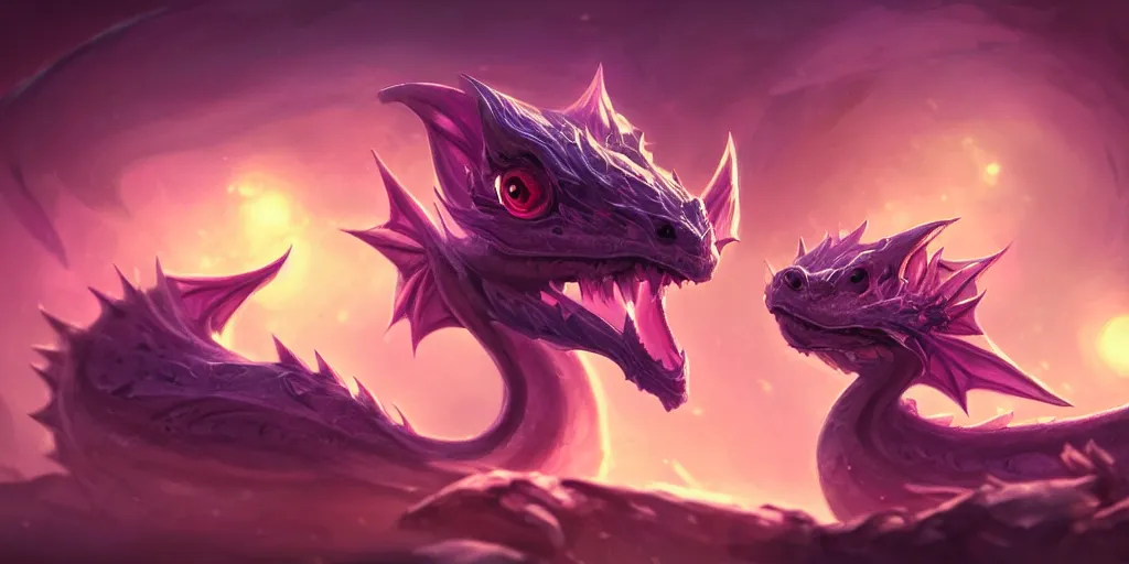 Prompt: digital painting of beautiful cute little baby dragon with huge eyes and long eyelashes gazing into the camera, in the style of league of legends splash art, deiv calviz, intricate, high key, highly detailed, fractals, rendered in blender, octane, artstation, greg rutkowski, trending on artstation