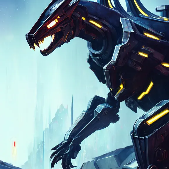 Image similar to cinematic shot, 35 foot tall stunning quadrupedal mecha dragon, sharp edged black armor, shining gold accents around the edges, sleek OLED blue visor for eyes, four legs, walking in busy neon city streets, sharp claws, epic shot, highly detailed art, sci fi, furry, 3D realistic, warframe fanart, destiny fanart, furry art, dragon art, feral art, macro art, furaffinity, DeviantArt, sofurry