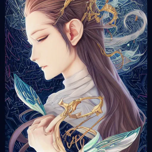 Image similar to anime manga skull profile, young woman, elf, galadriel, wings, Tolkien, unreal engine, intricate, elegant, highly detailed, digital art, art by JC Leyendecker and sachin teng