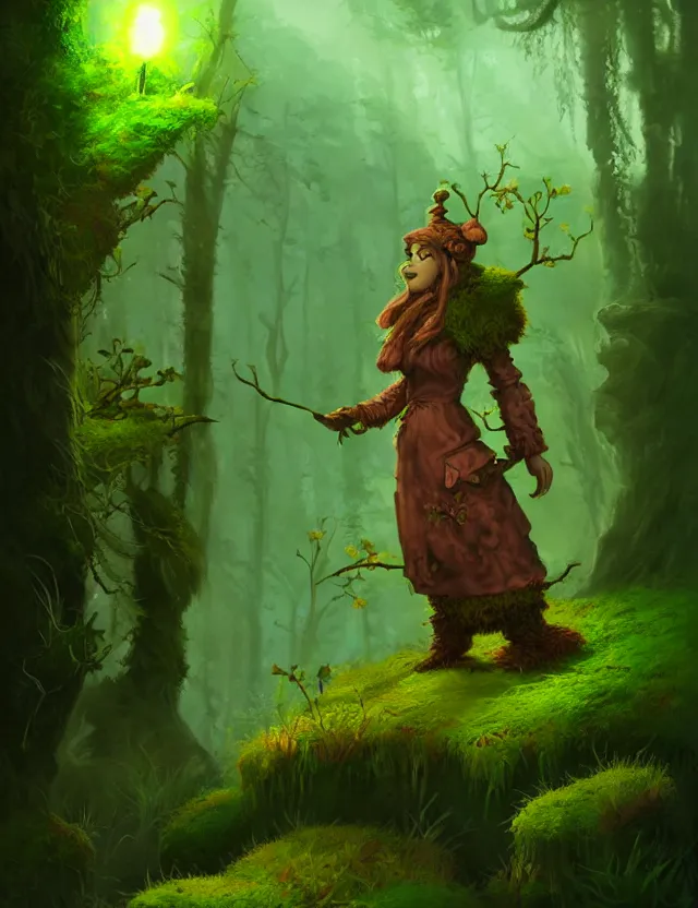 Prompt: herbalist of the moss woods. this air brush painting by the award - winning concept artist has an interesting color scheme, plenty of details and impeccable lighting.