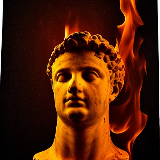 Image similar to an ancient Roman bust engulfed in flames in a pitch black room, high contrast, black, realistic