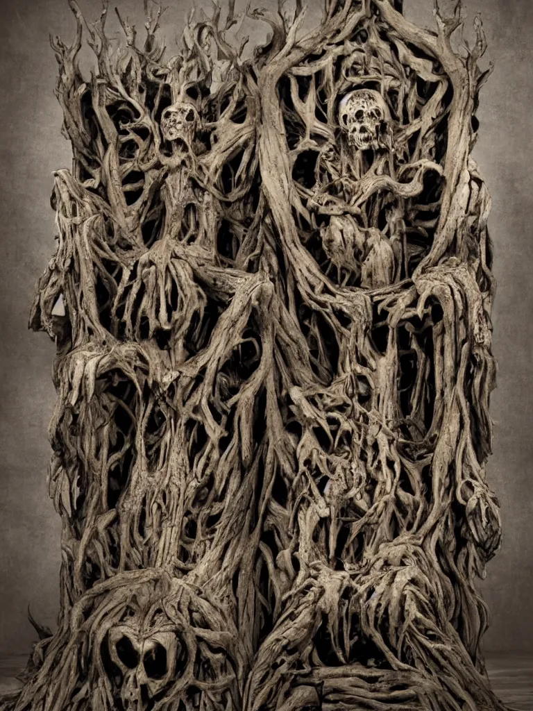 Image similar to elder wooden god sitting in a throne made of skulls, with sprouts as it ´ s crown