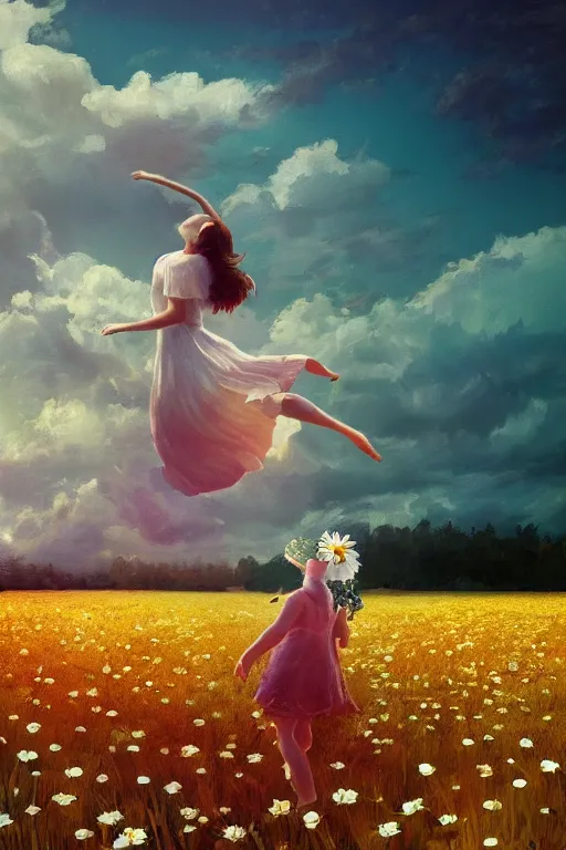 Image similar to giant white daisy flower head, girl dancing in a flower field, surreal photography, sunrise, dramatic light, impressionist painting, colorful clouds, digital painting, artstation, simon stalenhag