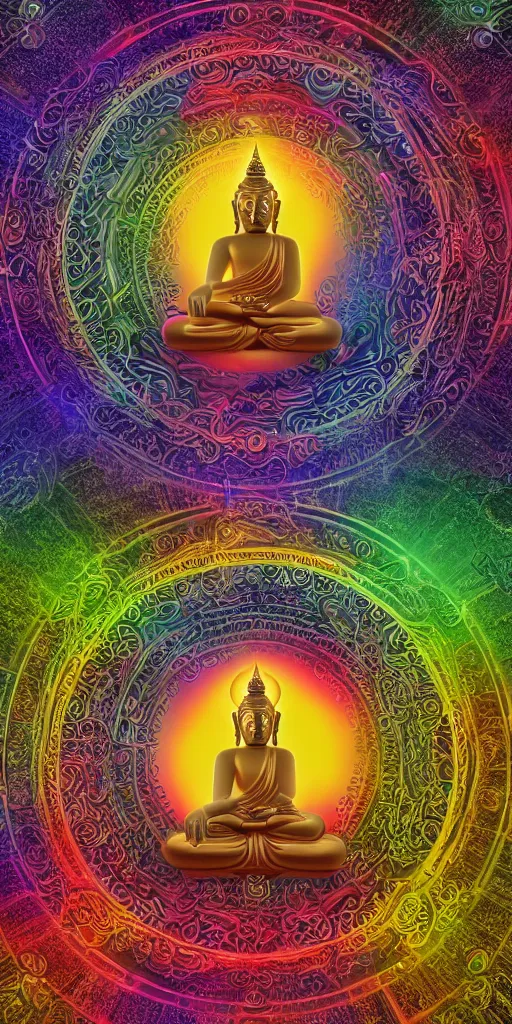 Image similar to rainbowcore, golden buddha glowing, surrounded by lotus, with the sun shining with the moon, with detailed mandala filled with fractals, bioluminescence, glowing runes, de-noise, symmetrical composition, high detailed, ornate border, 8k, vray,