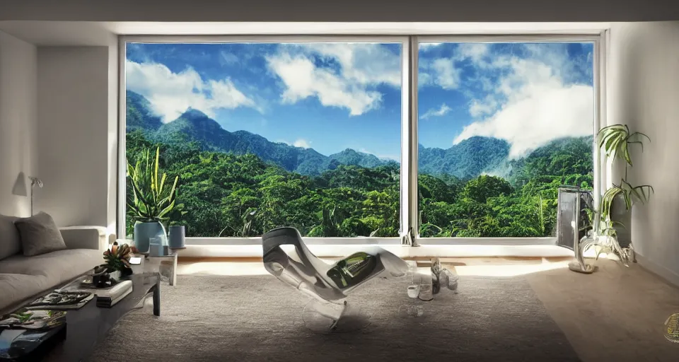 Image similar to looked at big window, architectural, mountains in background, cloud forest in background, tropical, sunny day time, clear sky, living room, furniture, IKEA catalogue, futuristic, ultra realistic, ultra detailed, cinematic light, anamorphic, by Paul Lehr