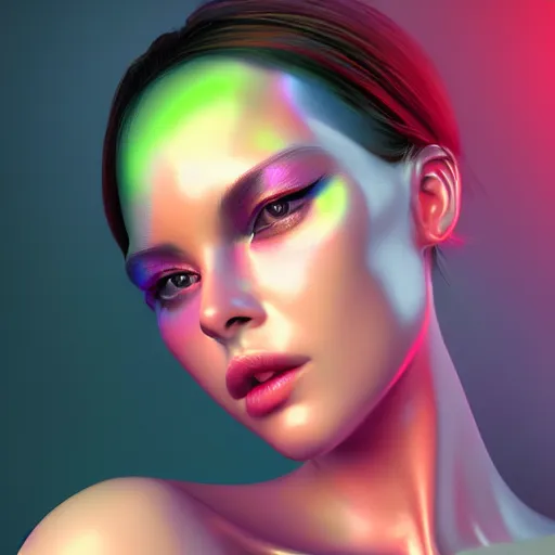 Image similar to portrait of a beautiful android woman, futuristic, chrome and colorful, photo realistic, ray tracing, 3 d shading, octane render, popular on art station