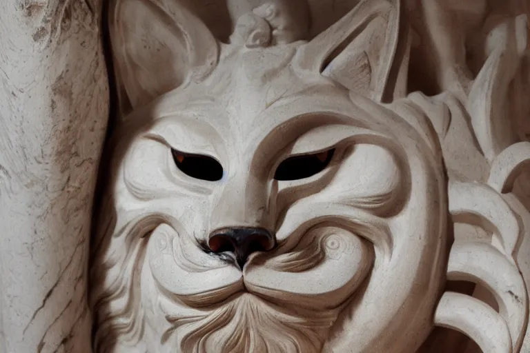 Image similar to a cinematic view of a ornated cat statue made with marble using oni wooden mask