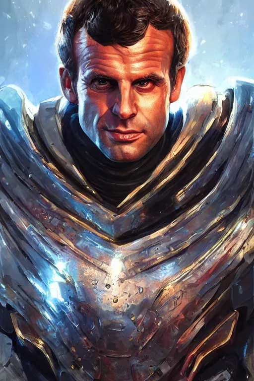 Prompt: portrait of emmanuel macron in futuristic armor, realistic, high definition, 4 k, shimmering color, hyper detailed, art of greg rutkowski and magali villeneuve and artgerm