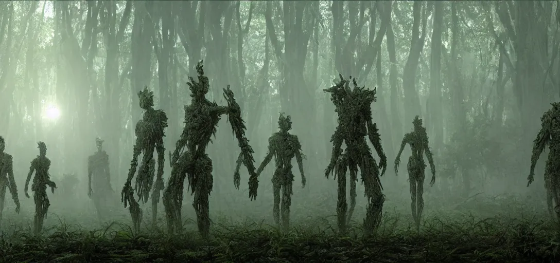 Image similar to a complex organic fractal 3 d metallic symbiotic ceramic humanoid megastructure creature in a swampy lush forest, surrounded by soldiers, foggy, sun rays, cinematic shot, photo still from movie by denis villeneuve, wayne barlowe