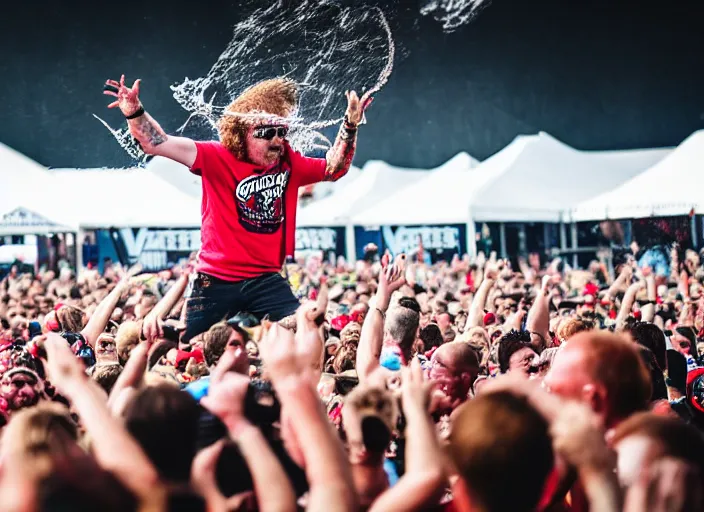 Image similar to photo still of gallagher at vans warped tour!!!!!!!! at age 4 5 years old 4 5 years of age!!!!!!! throwing watermelons at a crowd, 8 k, 8 5 mm f 1. 8, studio lighting, rim light, right side key light