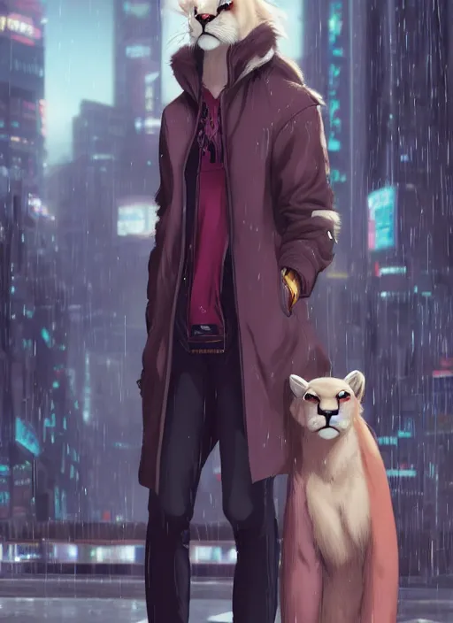 Image similar to character portrait of a male anthro albino mountain lion fursona with a tail and a cute beautiful attractive furry face wearing stylish cyberpunk clothes in a cyberpunk city at night while it rains. hidari, color page, tankoban, 4K, tone mapping, Akihiko Yoshida.