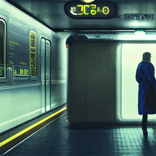 Image similar to a beautiful photo of an astronaut waiting in a subway station, 1970', soft light, morning light, photorealistic, realistic, octane, 8k, cinematic shot