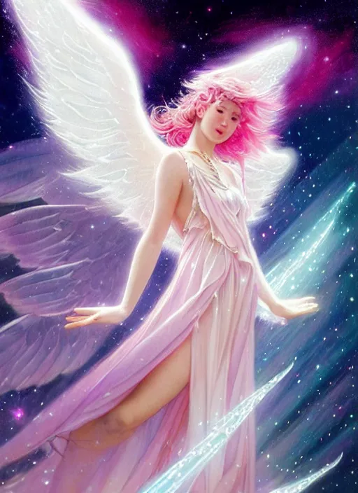 Image similar to closeup harmony of pink haired angel beautiful yoongi wearing white sparkly shiny greek clothes, muted colors, nebula background, neon sparkles everywhere, big wings, dynamic hair movement, + + + + + + dynamic pose, holographic space, glowing effect, j. c leyendecker, by alan lee, wlop! illustrated by starember, fantasy art by craig mullins